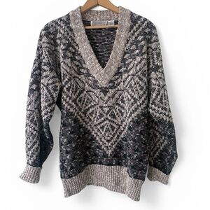 Vintage METHOD Textured Knit Sweater V Neck Geometric Taupe Black Size Large
